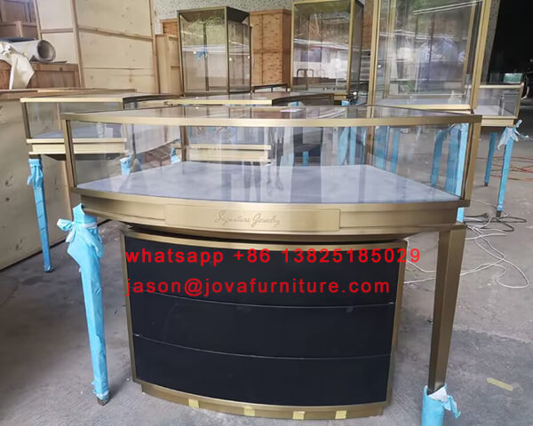 curved jewelry showcases with wooden storage