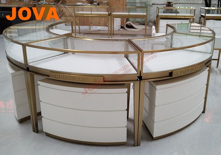 curved jewellery counters with wooden botton cabinets 