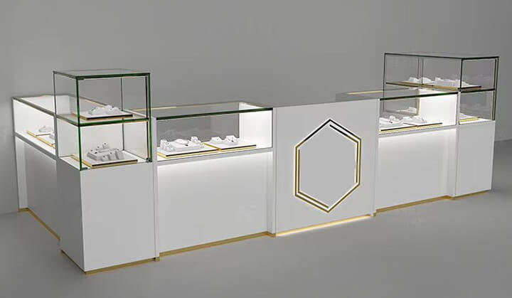 white jewellery display case with storage underneath