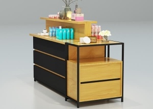 Cosmetic display counter wooden yellow black
