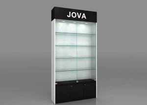 Glass wall display case with 5 glass shelves