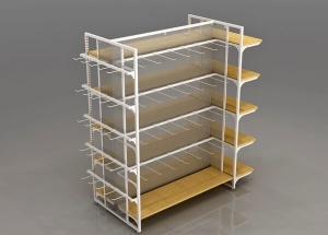 Retail gondola units white metal frame wooden shelves