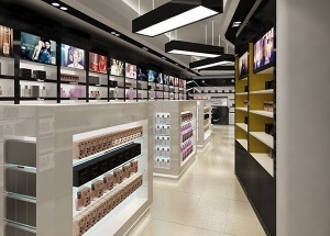 cosmetics store design with black white furniture