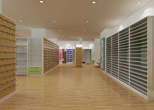 large cosmetic showroom interior design slatwall displays