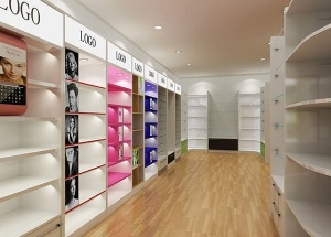 large cosmetic showroom interior design slatwall displays