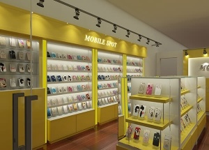 mobile accessories shop design yellow display racks