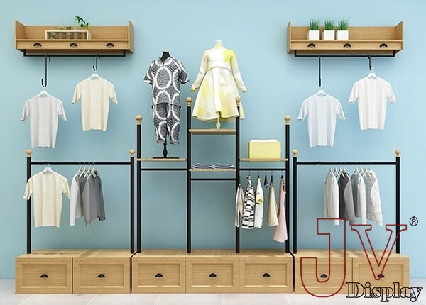 wooden garment rack with shelves